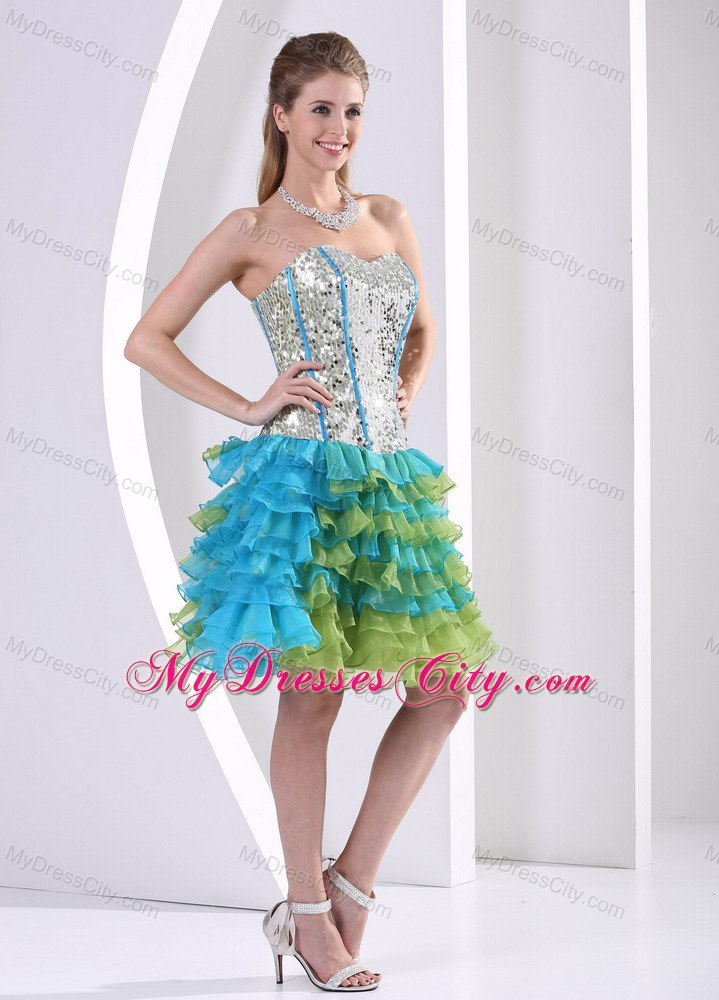 Ruffles Sequin Layered Sweetheart Multicolor Cocktail Dress for Prom