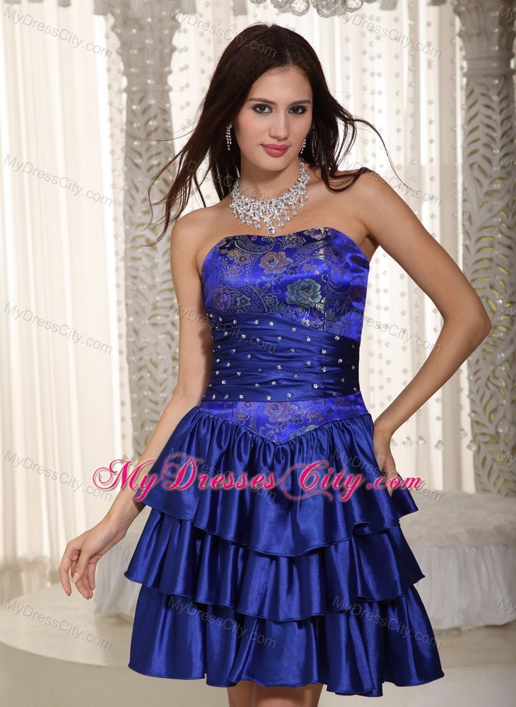 Blue Column Ruffled Layers Embroidery Evening Cocktail Dress