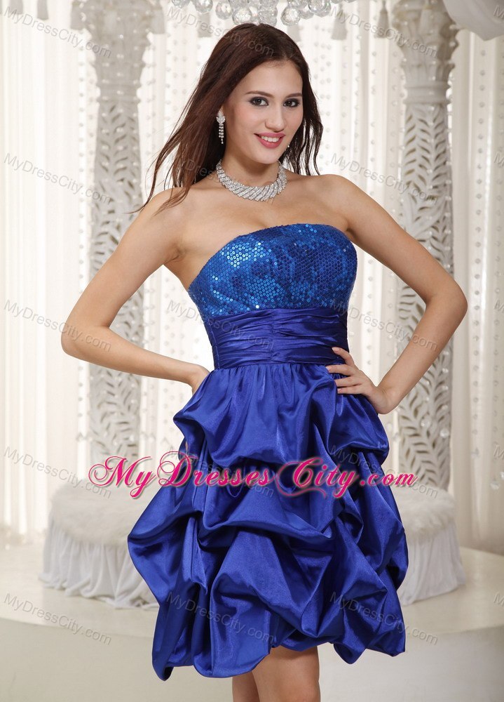 Blue Strapless Short Cocktails Dresses with Sequins and Pick-ups