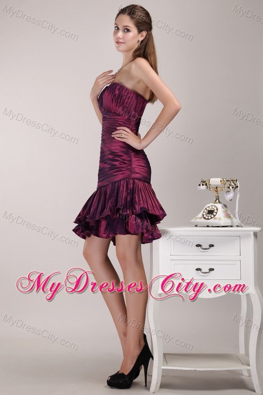 Burgundy One Shoulder Ruffles and Ruches Cocktail Dress 2013