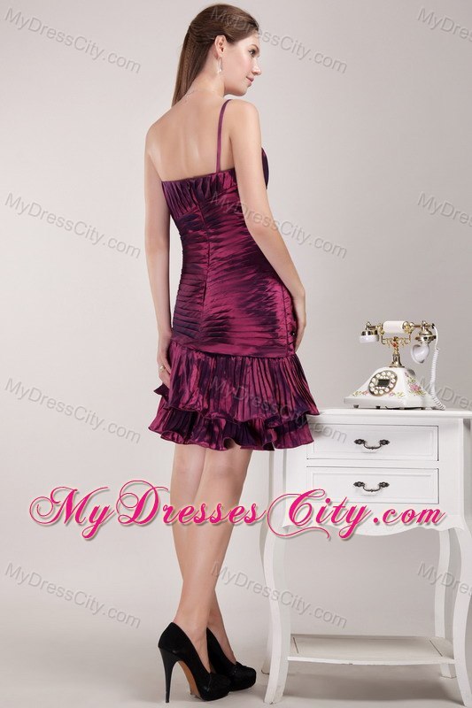 Burgundy One Shoulder Ruffles and Ruches Cocktail Dress 2013