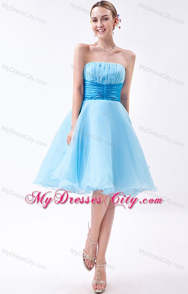 Baby Blue A-line Strapless Cocktail Dress Organza with Ruches