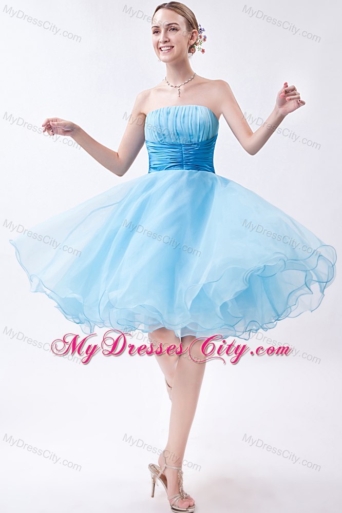 Baby Blue A-line Strapless Cocktail Dress Organza with Ruches