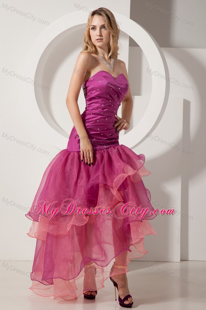 Fuchsia Ruches Ruffles Cocktail Dress with Cutout Back Asymmetrical