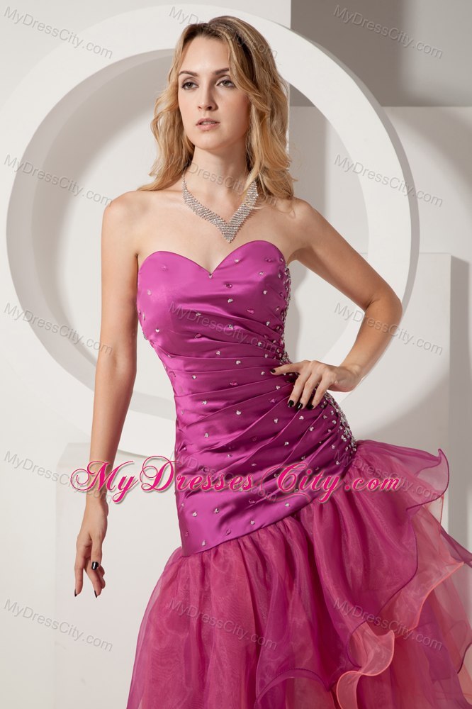 Fuchsia Ruches Ruffles Cocktail Dress with Cutout Back Asymmetrical