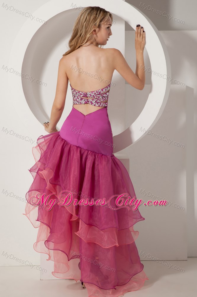 Fuchsia Ruches Ruffles Cocktail Dress with Cutout Back Asymmetrical