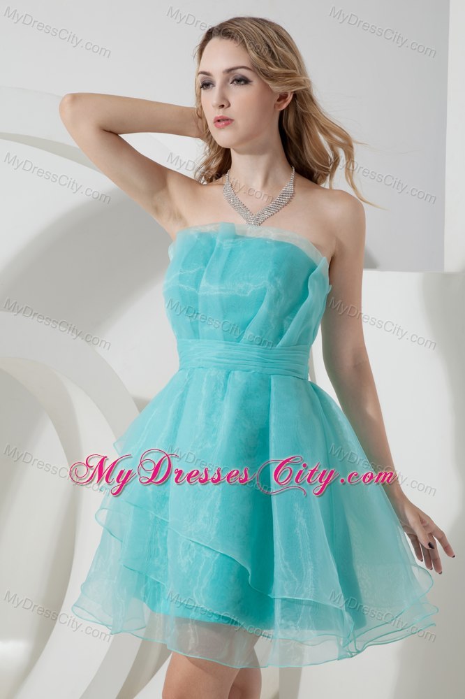 Aqua Blue A-line Strapless Organza Cocktail Dress with Ruches