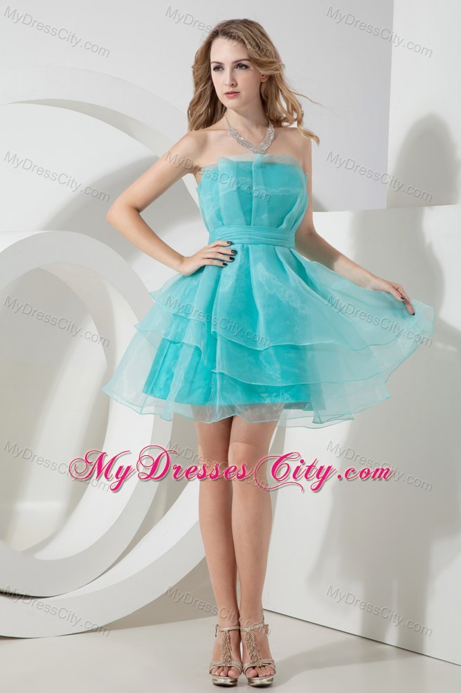 Aqua Blue A-line Strapless Organza Cocktail Dress with Ruches