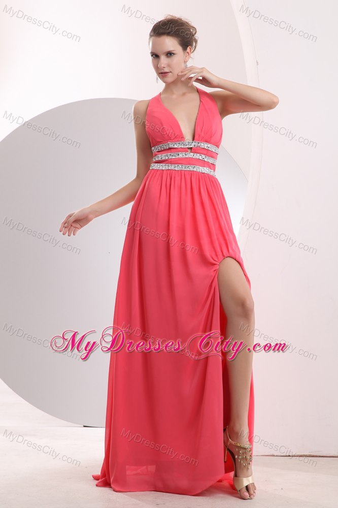 2013 Sexy Watermelon Red Halter Beading High Slit Cocktail Dress