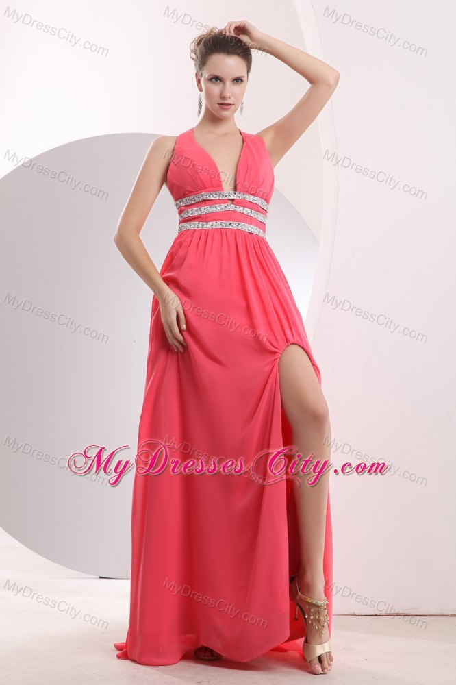 2013 Sexy Watermelon Red Halter Beading High Slit Cocktail Dress