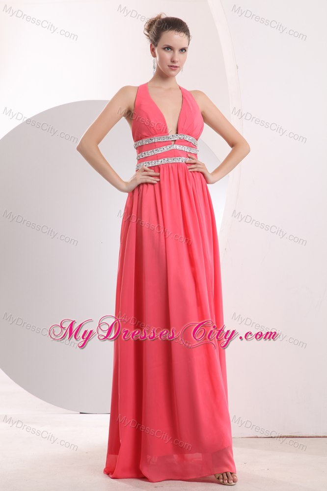 2013 Sexy Watermelon Red Halter Beading High Slit Cocktail Dress