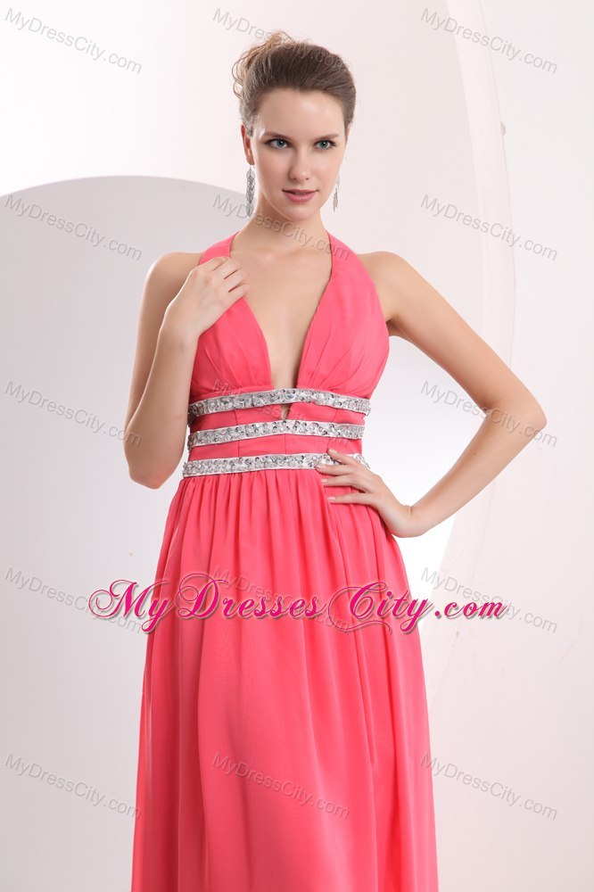 2013 Sexy Watermelon Red Halter Beading High Slit Cocktail Dress