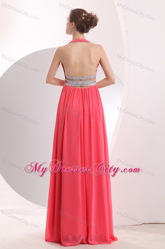 2013 Sexy Watermelon Red Halter Beading High Slit Cocktail Dress