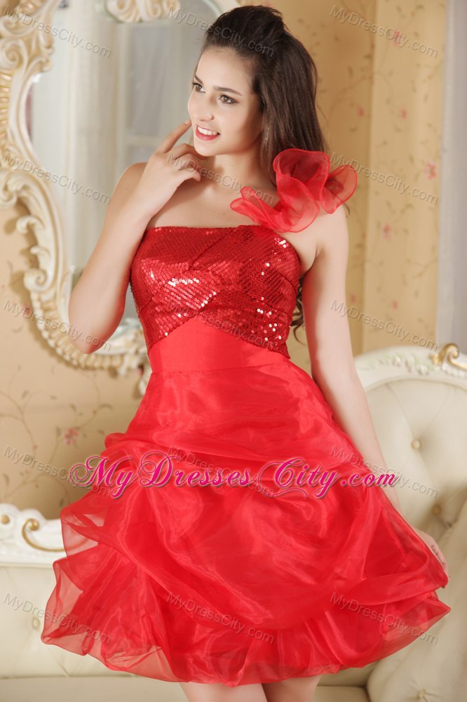 Red A-line One Shoulder Sequins Cocktail Dress with Pick-ups