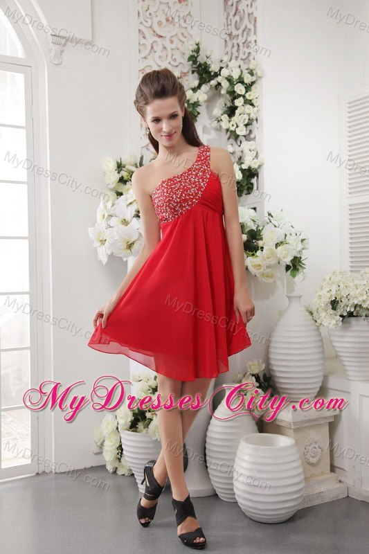 Empire One Shoulder Beaded Red Chiffon Cocktail Reception Dresses