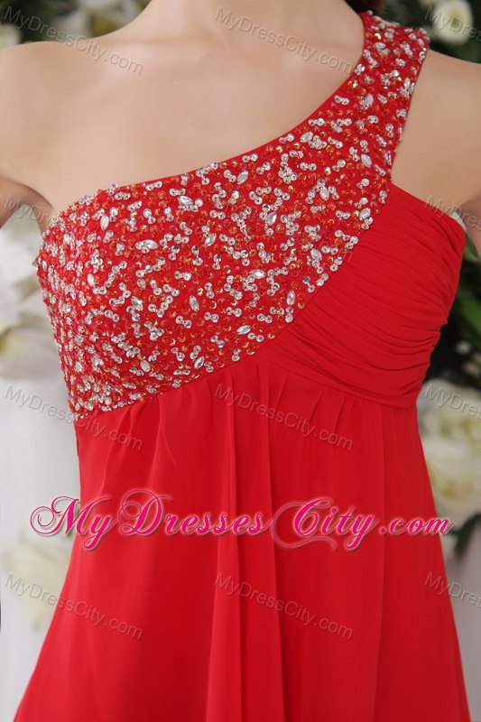 Empire One Shoulder Beaded Red Chiffon Cocktail Reception Dresses