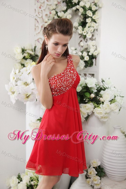 Empire One Shoulder Beaded Red Chiffon Cocktail Reception Dresses