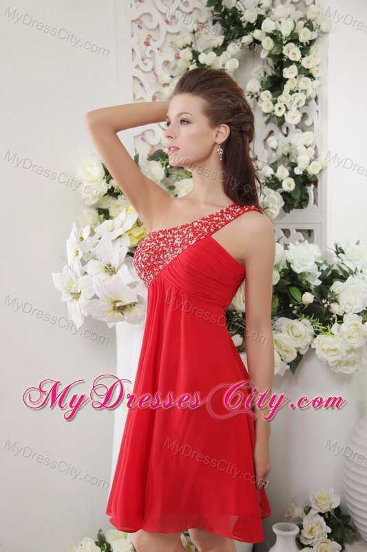 Empire One Shoulder Beaded Red Chiffon Cocktail Reception Dresses