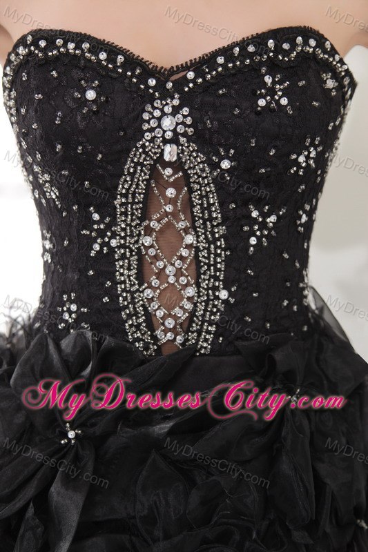 Black Flowers Ruffles Beaded Mini-length Cocktail Dress for Prom
