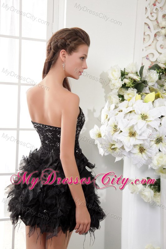 Black Flowers Ruffles Beaded Mini-length Cocktail Dress for Prom
