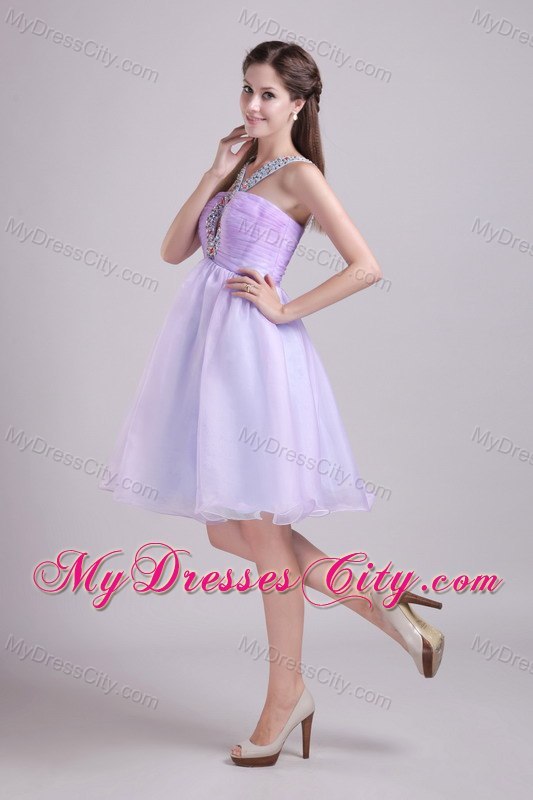 Organza Lilac Knee-length Semi-formal Cocktail Dress with Jeweled Neckline