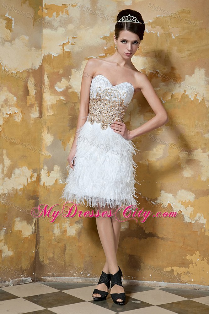 White Column Sweetheart Feather and Beaded Cocktail Dress for Celebrity