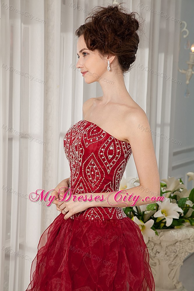 Beaded Organza Ruffles Mini-length Wine Red Cocktail Party Dresses