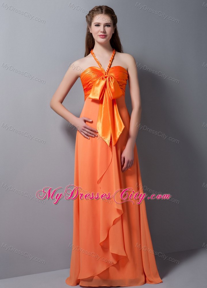 Empire Halter Ruched Orange Dama Quinceanera Dresses with Bowknot