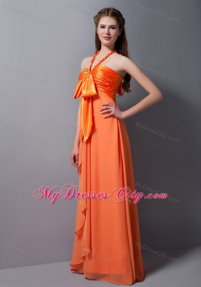 Empire Halter Ruched Orange Dama Quinceanera Dresses with Bowknot