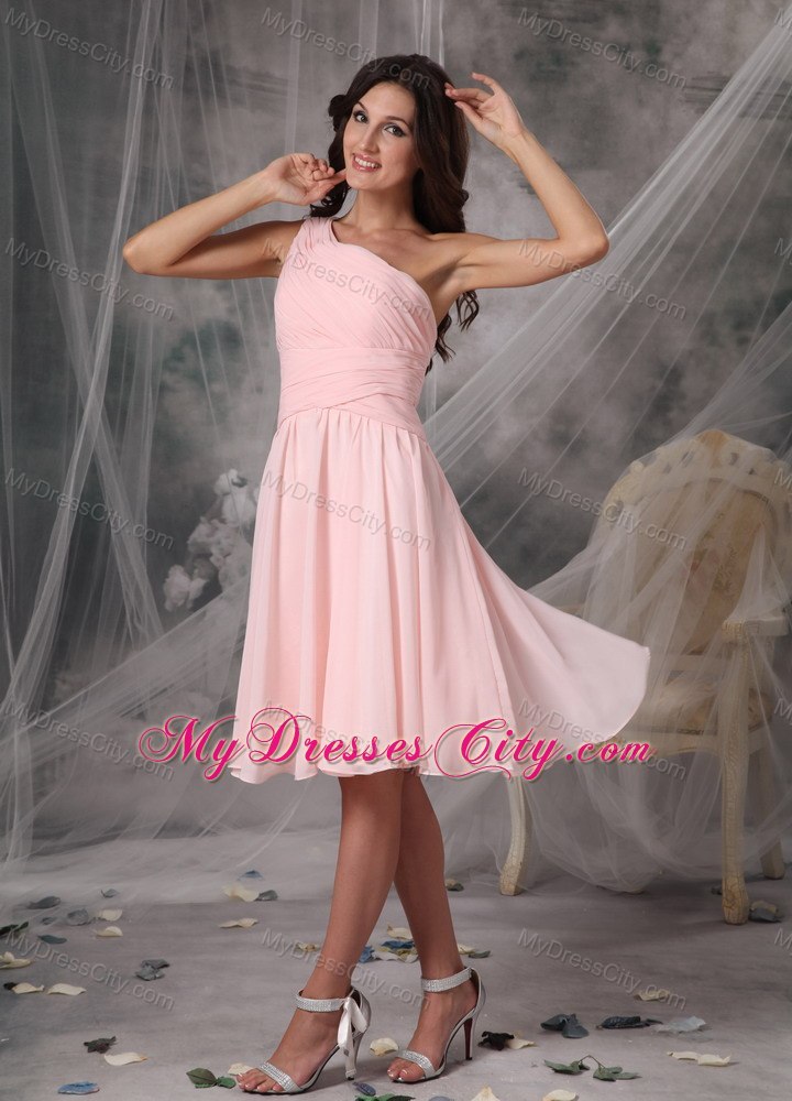 Blush Pink One Shoulder Ruching Chiffon Bridesmaid Dama Dresses