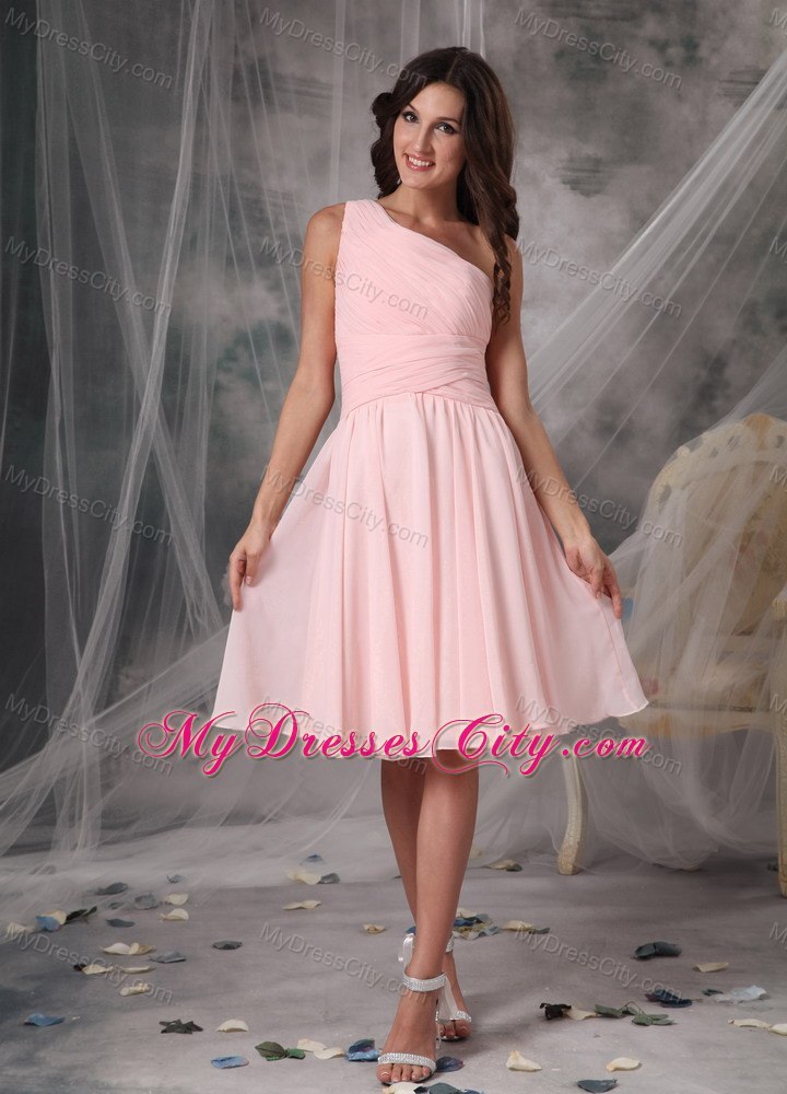 Blush Pink One Shoulder Ruching Chiffon Bridesmaid Dama Dresses