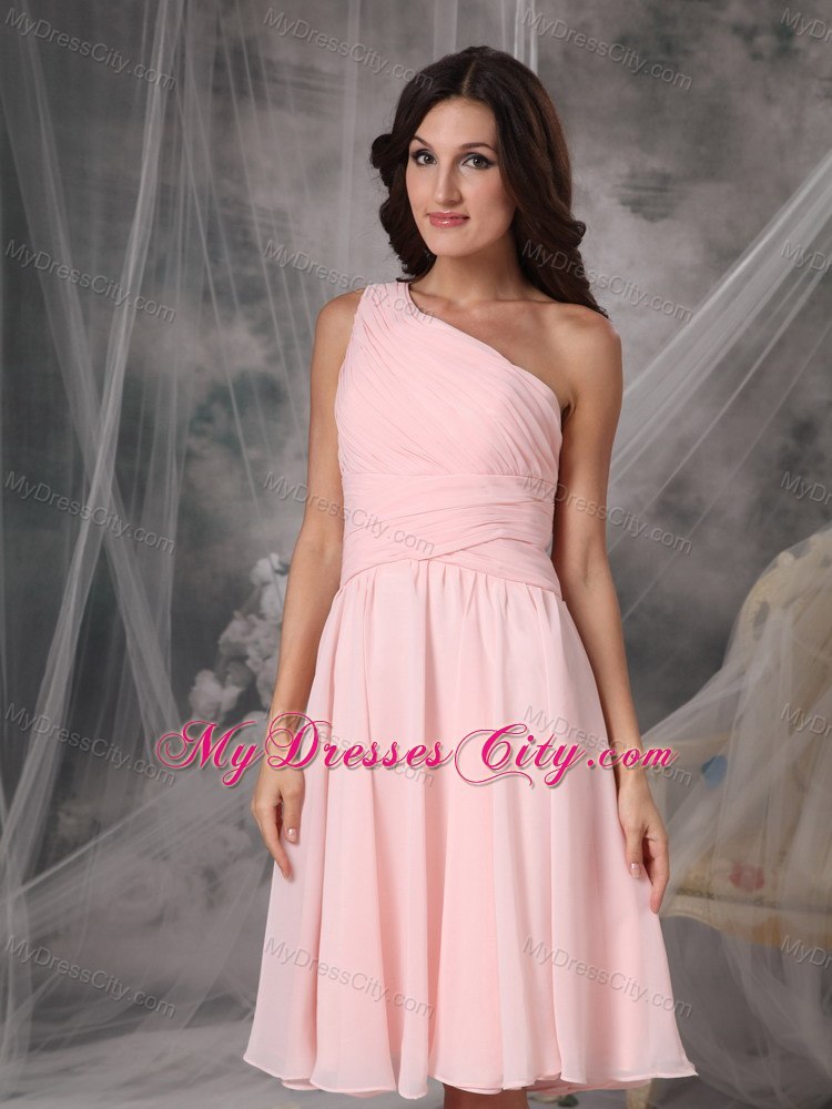 Blush Pink One Shoulder Ruching Chiffon Bridesmaid Dama Dresses