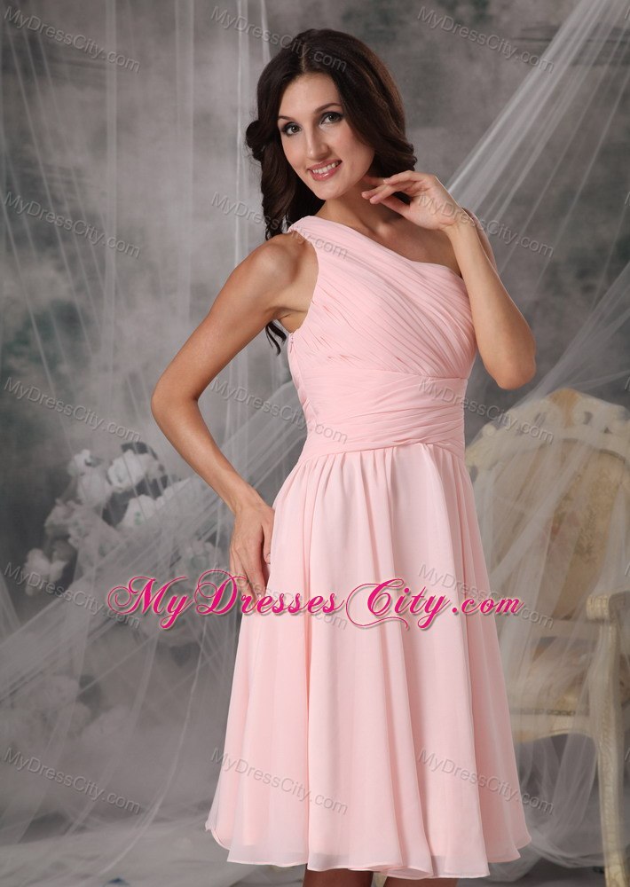 Blush Pink One Shoulder Ruching Chiffon Bridesmaid Dama Dresses