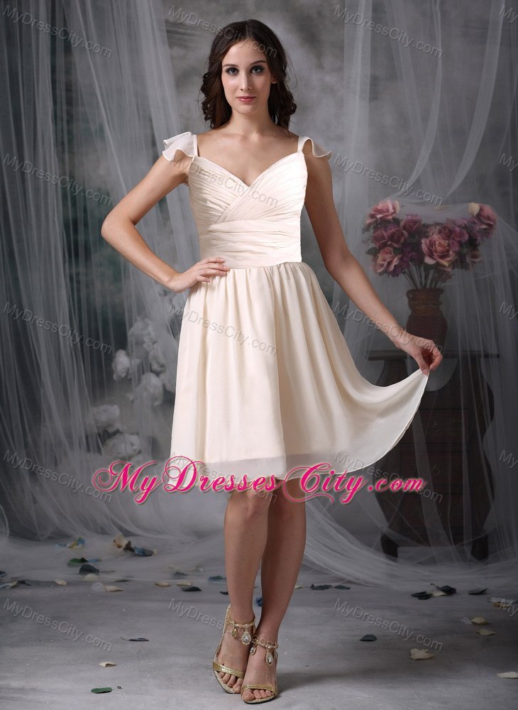 Cream Colored Vneck Ruched Chiffon Bridesmaid Dama Dresses