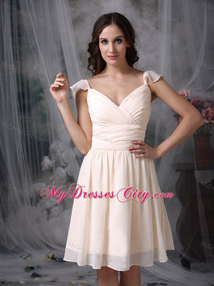 Cream Colored Vneck Ruched Chiffon Bridesmaid Dama Dresses