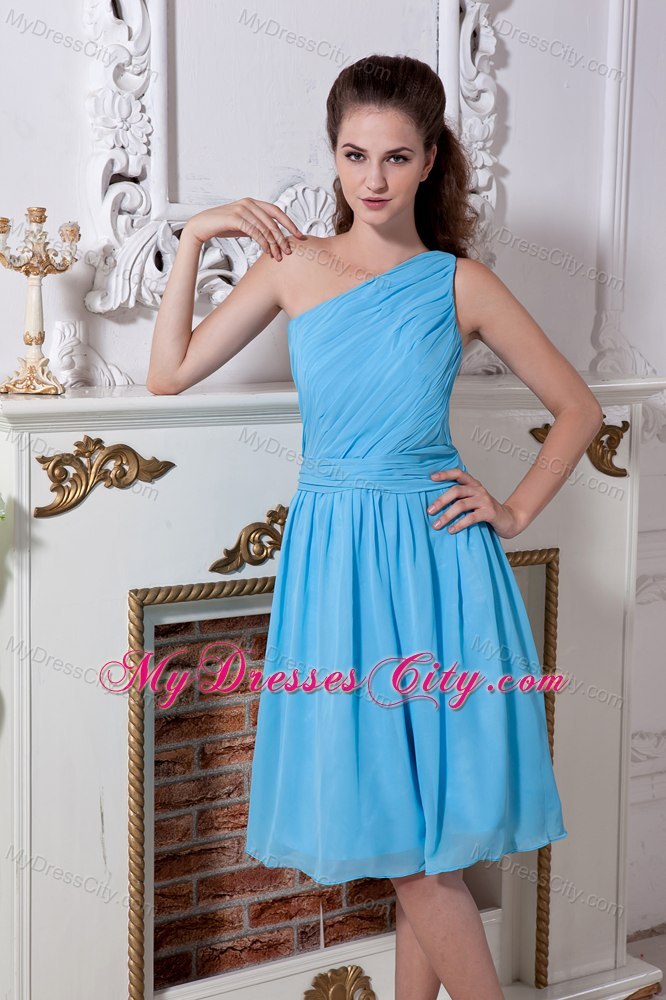 Simple Ruched One Shoulder Aqua Blue Bridesmaid Dama Dresses