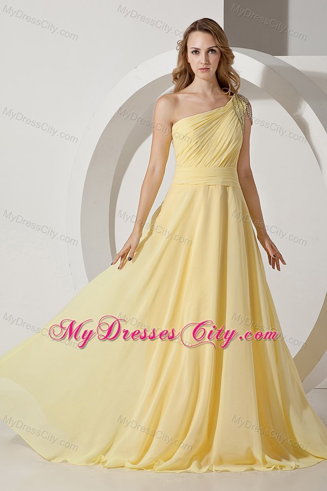 Beaded One Shoulder Empire Light Yellow Dama Dresses with Side Zipper