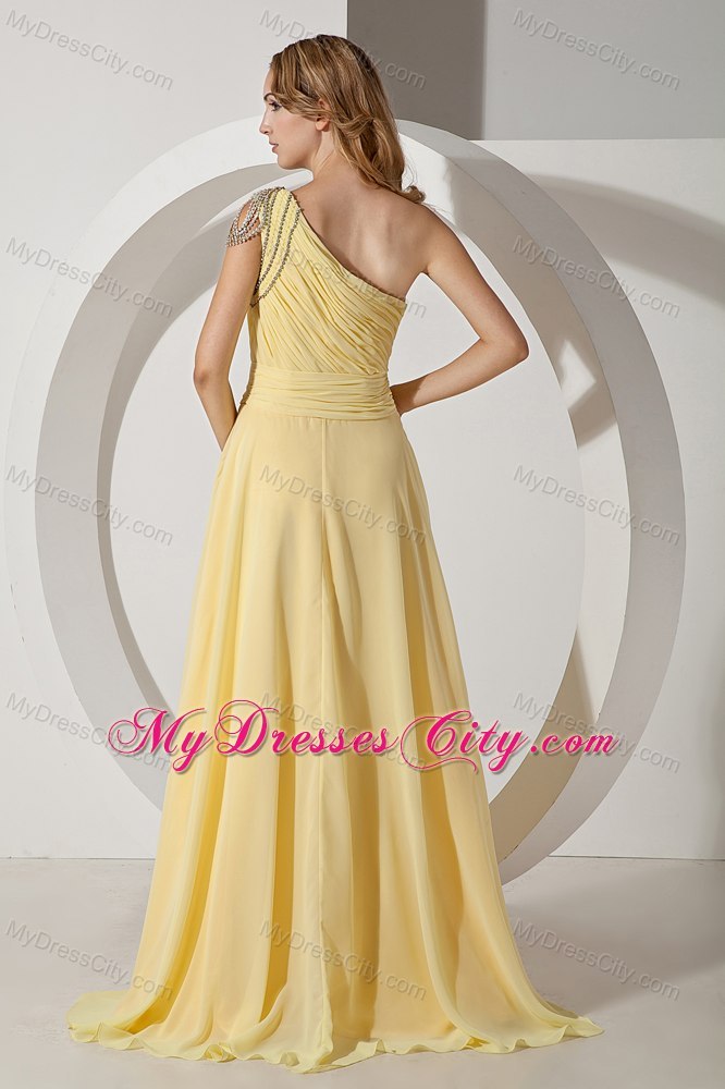 Beaded One Shoulder Empire Light Yellow Dama Dresses with Side Zipper