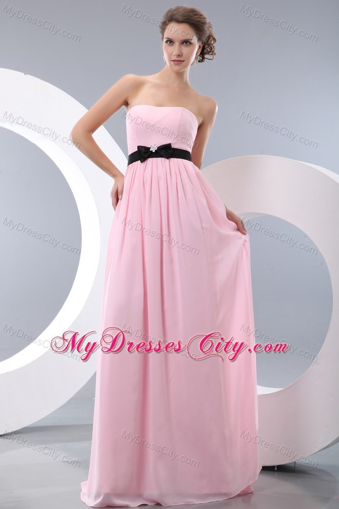 Black Bow Belt Empire Strapless Chiffon Baby pink Formal Dresses for Dama