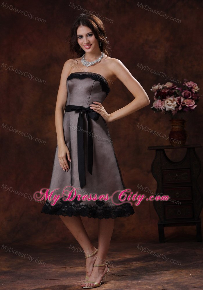 Tea-length Strapless Sash Mother Of The Bride Dress with Lace