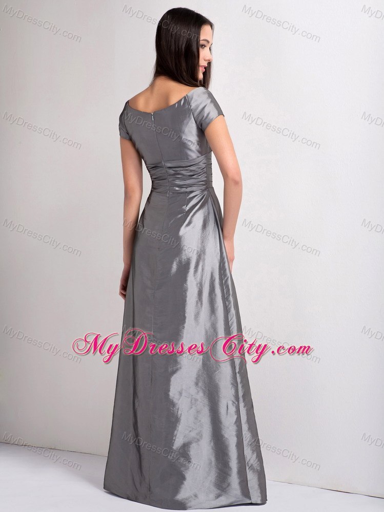 Grey A-line V-neck Ruched Evening Dress with Short Sleeves