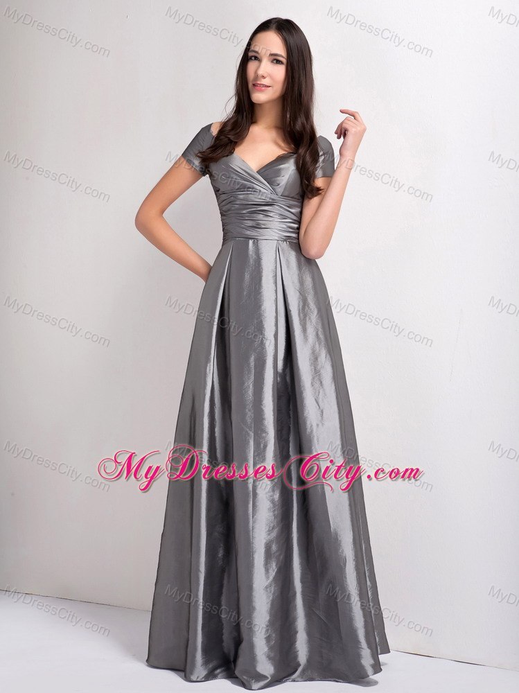 Grey A-line V-neck Ruched Evening Dress with Short Sleeves