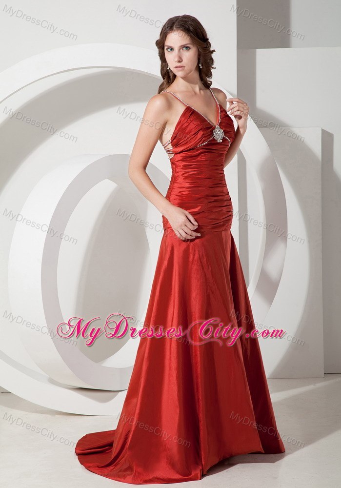 Red Straps Ruched and Beaded Evening Dress with Sweep Train
