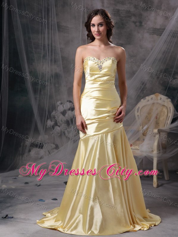 Light Yellow Brush Train Beaded Mermaid Prom Evening Dresses