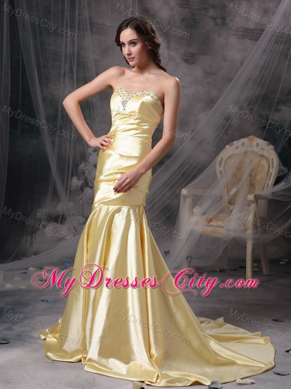 Light Yellow Brush Train Beaded Mermaid Prom Evening Dresses