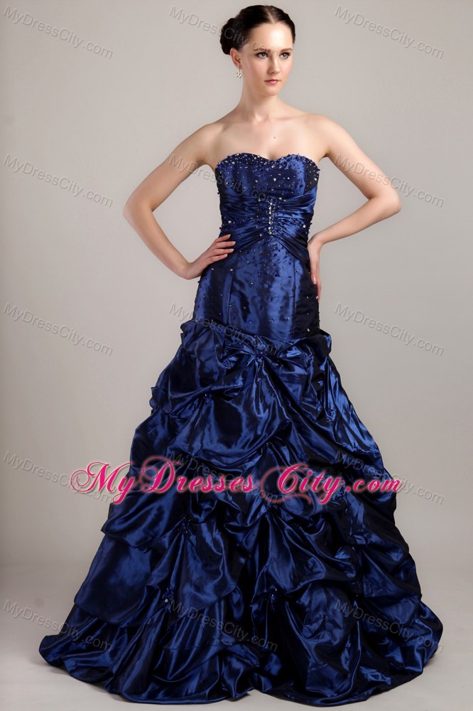 Navy Blue A-line Taffeta Beading and Pick-ups Evening Dress