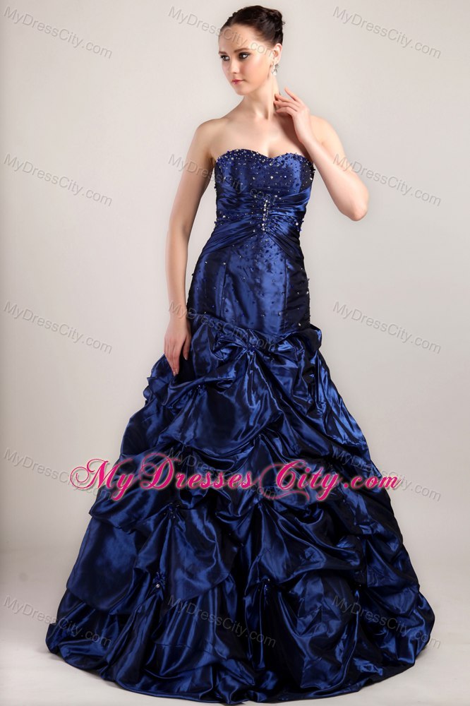 Navy Blue A-line Taffeta Beading and Pick-ups Evening Dress