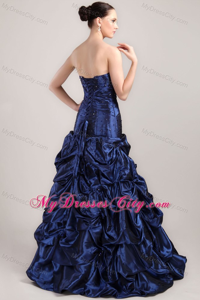 Navy Blue A-line Taffeta Beading and Pick-ups Evening Dress