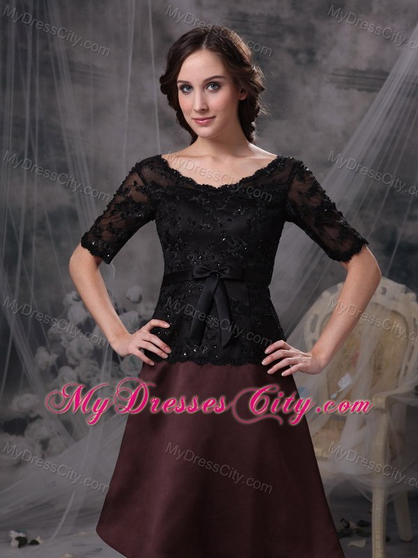 Knee-length Half Sleeves Bowknot Beading Lace Mother of the Dress
