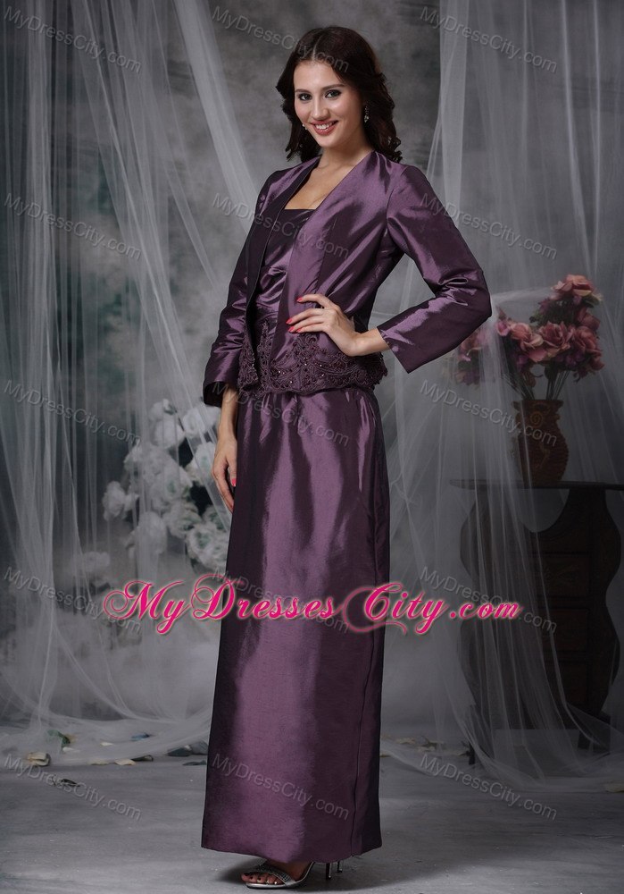 Dark Purple Column Strapless Ankle-length Taffeta Mather Of The Bride Dress with Appliques